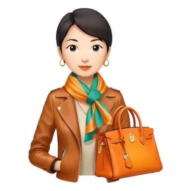 Mature asian woman wearing a leather Hermes jacket and a multicolored silk scarf around her neck. She has an orange Hermes Birkin Bag. I want the image to be close up, starting from the waist up.  sticker
