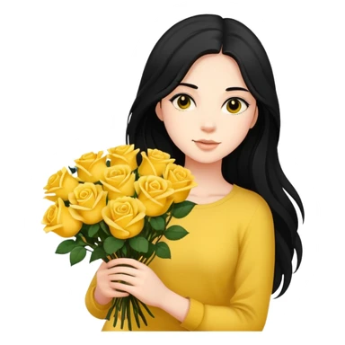 Beautiful girl with long black hair holding a bouquet of yellow roses sticker