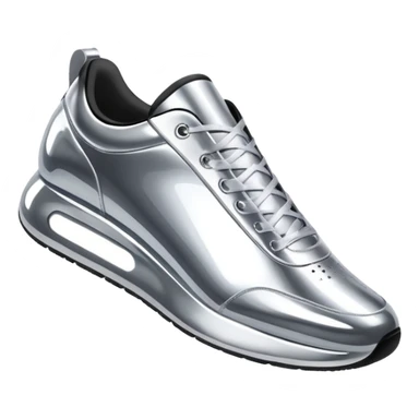 A pair of futuristic sneakers emoji made of silver chrome, sleek streetwear design, smooth metallic panels, subtle reflections, luxury swag aesthetic, iOS emoji style, centered, clean white background sticker