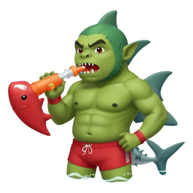 orc male in shark floatie, blowing whistle. Red swim trunks sticker