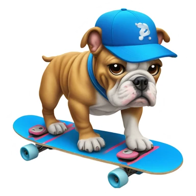 Bulldog with a blue baseball cap skateboarding by the beach sticker