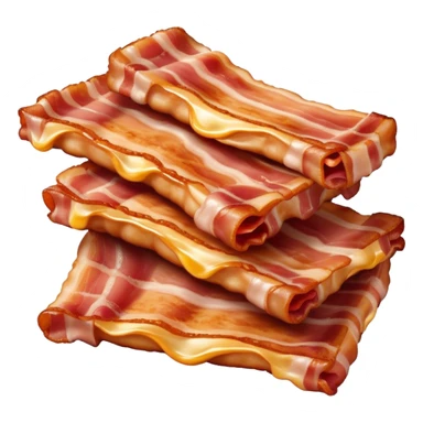 Cinematic crispy sizzling bacon, slightly curled, golden-brown with a perfect crunch, glistening with rich flavor, deep warm tones, served on a breakfast plate, comforting and indulgent. sticker