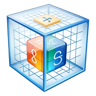 An icon featuring a transparent cube with geometric sections and mathematical calculations, symbolizing the study of mathematics. The design includes algebraic formulas, graphs, and mathematical symbols, representing advanced mathematical concepts and problem-solving. Transparent background sticker