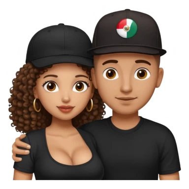 A picture of a tanned couple embracing. the guy is Mexican, with a bald hair cut and he has a SnapBack hat on. The girl is mixed, the girl is wearing a black shirt, the girl has brown curly big hair and the girl has big boobs  sticker