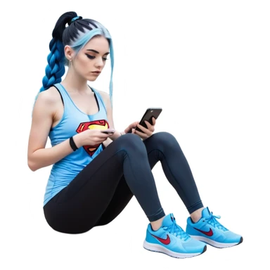 Shameful and disappointed-Female-very very very larger chest-texting on a samsung cell phone-very long straight braided black to sky blue hair ombre-blue eyes-black eyeliner-long eyelashes-iridescent sky blue very low cut tank top with superman logo-black leggings-nike hightop sneakers sticker
