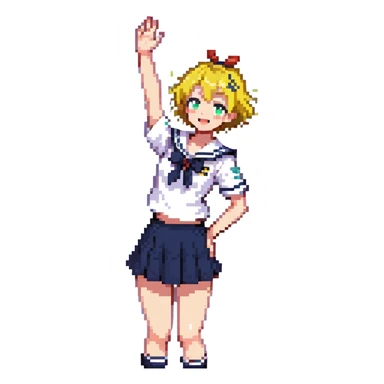 Pixel art anime girl with short bright yellow hair wearing Japanese sailor style school uniform, composed posture with hand on hip but energetically waving with other hand, excited smile and happy eyes sticker