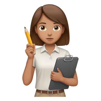Intern or volunteer with brown hair holding a clipboard and pencil, ready to take notes or assist. The character wears a simple shirt and has an eager posture sticker