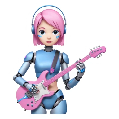a cyper robot carry her note and electric guitar and try to change the world with pink and bluecolor sticker