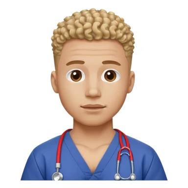 Ripped, athletic man with thick neck, high top fade with no part, curly hair only top only, no shirt and show waistline up add scrubs sticker