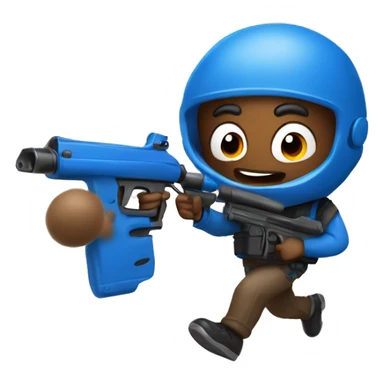 brown skin man running with paintball gun in hand wearing blue  sticker