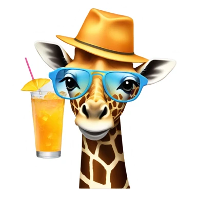 Giraffe wearing a bucket hat with a cocktail sticker