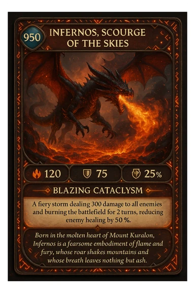 Make an epic role-playing card featuring a legendary fire-breathing dragon named Infernos, Scourge of the Skies. The card should display its stats: 950 HP, 120 fire power, and 75 armor that reduces physical damage by 25%. Highlight its special ability, Blazing Cataclysm—a fiery storm that deals 300 damage to all enemies and burns the battlefield for 2 turns, reducing enemy healing by 50%. The design should be ornate and collectible, with glowing ember accents, ancient dragon runes, and a dramatic illustration of Infernos flying over a scorched battlefield with molten lava and smoke. Add a lore-rich description: “Born in the molten heart of Mount Kuralon, Infernos is a fearsome embodiment of flame and fury, whose roar shakes mountains and whose breath leaves nothing but ash sticker