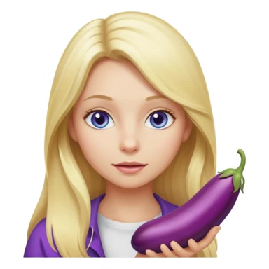 Blonde long hair girl, blue eyes, eating an eggplant sticker
