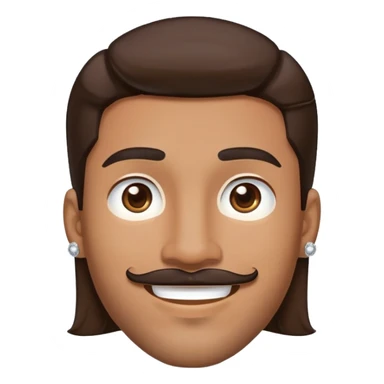 Apple-style cartoon emoji of a floating head only, young man with medium brown skin, mixed-race ethnicity, long dark brown hair with PERFECT MIDDLE PART exactly centered, mustache separated from goatee, medium brown eyes, small diamond stud earrings, absolutely no neck or shoulders visible sticker