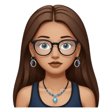 White girl with long brown hair, part going more to the RIGHT side, BLUE eyes, wearing BLACK rectangle plastic frame glasses. SEPTUM nose piercing hoop (at bottom of nose) AND stud nose piercing on right side of nose. Wearing BLACK tank top. No other jewelry sticker