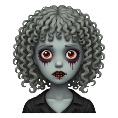 Faça um emoji de zumbi mulher, cabelo cacheado e franja cacheada, deixe ele com a estética meio gothic sticker