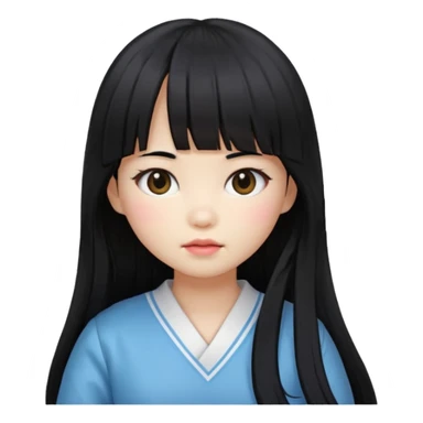 girl with long black hair, Korean style bangs, doll emoji style, slightly different expression sticker