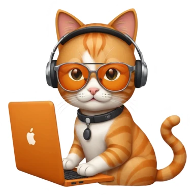 cat with sunglasses using a computer, apple emoji style sticker