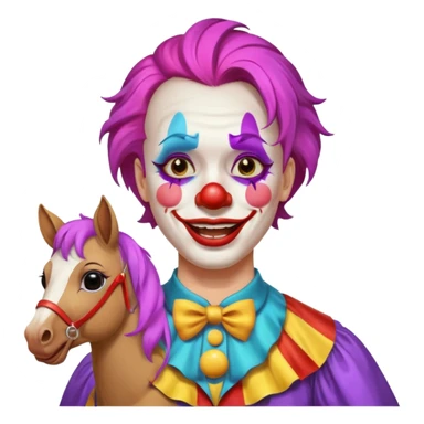 a crying but smiling and showing a peace sign clown face riding a horse sticker
