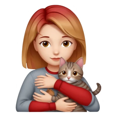 Une femme avec les cheveux dégradée, châtain et blond, qui fait un câlin à son chat gris, tigré avec des reflets roux sticker