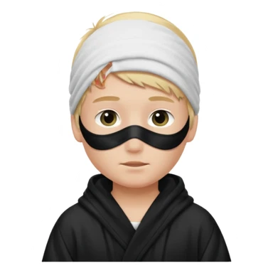 Create a blond boy with long, messy hair, light eyes, a white t-shirt, rich, with long hair, blue eyes, medium-length, voluminous hair, wearing a black Nike bathrobe and a little blush near his nose. and with a balaclava like a ninja sticker
