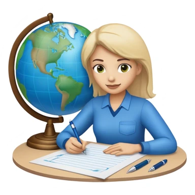 Create an emoji representing language translation. The design should feature just one globe in the background, symbolizing international communication. In front of the globe, place two books or sheets of paper with texs on them and a pen nearby to indicate the act of writing. Use a clean and professional color palette with blues, greens, and neutral tones. Make the background transparent. sticker