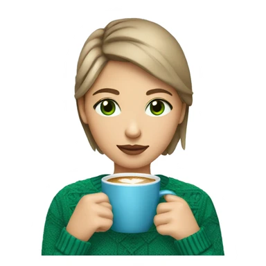 Light brown short haired girl with green eyes drinking coffee wearing blue Christmas sweater sticker