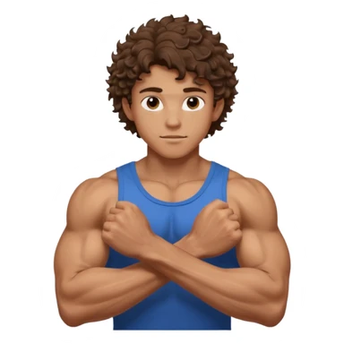muscular teen boy with veiny hands arms and biceps. has messy curly hair with tan skintone sticker
