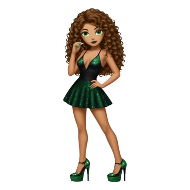 Half naked green eyes brown long curly hair woman, gang drug lord mafia boss style with 7 inch platform stripper high heels black glitter dress sticker