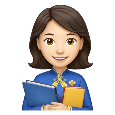 Teacher emoji but : wavy (not straight) dark brown hair, light skin, no glasses, dark eyes, with a computer folder in the hand (color is yellow), being a teacher, wearing a chinese qipao ( dark blue), smile with teeth




 sticker