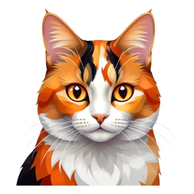 cinematic-noble-calico-cat-portrait-emoji,-poised-and-regal,-with-a-striking-patchwork-fur-in-vibrant-orange,-black,-and-white-hues premoninantly black,-delicate-whiskers-and-a-refined,-relaxed-gaze,-simplified-yet-exquisitely-detailed,-glowing sticker