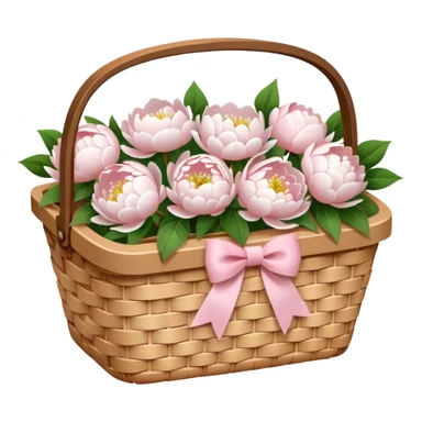 White Picnic basket with light pink bow and white peonies inside sticker
