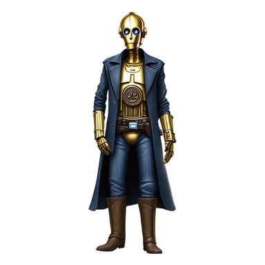 tarnished undercover tough well-equipped Jedi  life-sized darkblue-pearl C3po leather clothing pants and vest old west duster coat holding light saber sheriff sticker