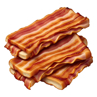 Cinematic crispy sizzling bacon, slightly curled, golden-brown with a perfect crunch, glistening with rich flavor, deep warm tones, served on a breakfast plate, comforting and indulgent. sticker