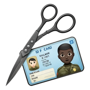 Floating black Scissors cutting an idf soldier ID card in 2 parts .hyper realistic sticker