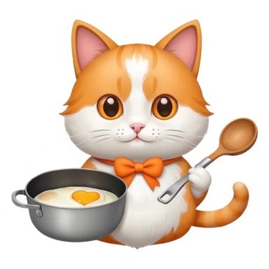 a cat holding a cooking pan with double heart-shaped egg sticker
