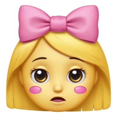 A round yellow emoji with a pleading face, big shiny eyes filled with tears, eyebrows raised toward the center, and a small sad mouth. On the upper right side of the head, a cute pink bow 🎀 is attached like a hair accessory. sticker