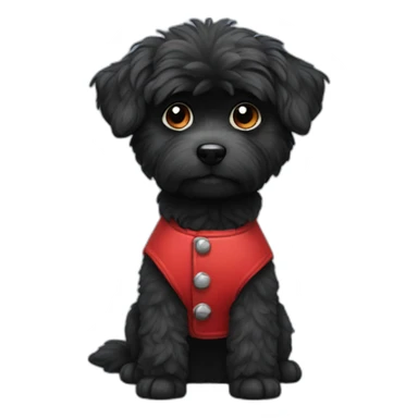 small completely black fluffy dog wearing red vest sticker