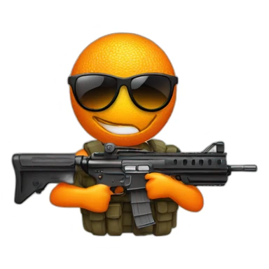 an orange with sunglasses and a machine gun sticker