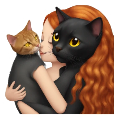 A black British cat with yellow eyes kisses a girl with red hair sticker