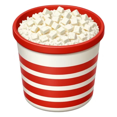 Pixel art Cottagecheese in big chunks in a small red container with a white stripe at top and bottom sticker