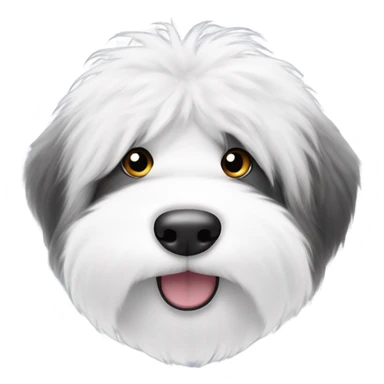 Fluffy Old English sheepdog face with the left half of his face black and the right half of his face white. White around the mouth and nose sticker