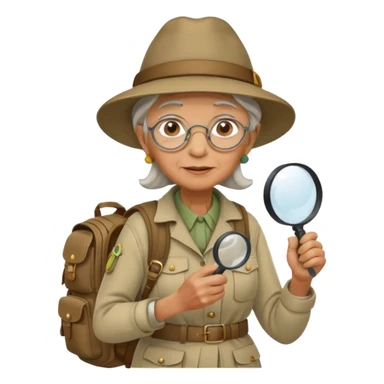Explorer old woman with hat and magnifying glass and backpack, portrait sticker