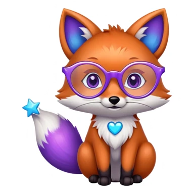 A whimsical fox with sparkling purple-blue fur, a glowing tail, a silver star on its forehead, and round glasses, with heart-shaped eyes, looking in love. 🦊😍 sticker