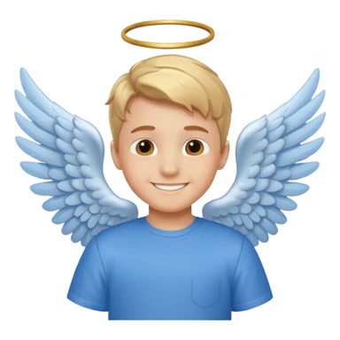 smiling boy in blue shirt with angel wings sticker