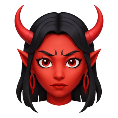 Head only demon girl; face with pronounced cheekbones and angular jaw; skin is uniform pure red (#FF0000) everywhere; long straight smooth black hair; small horns sticker