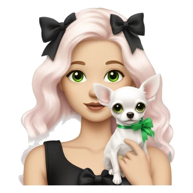 pale blonde girl with long platinum white wavy hair with bright green eyes and wearing a light pink hair bow holding a black and white long haired chihuahua puppy also wearing a hair bow sticker