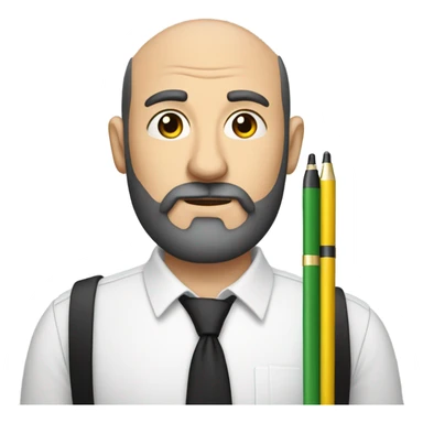 Balding man with black beard, cross on shirt, holding lots of pens  sticker
