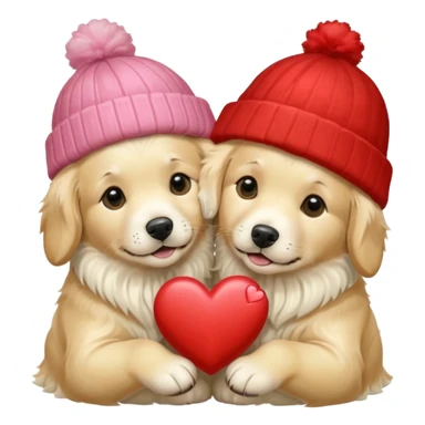 2 English cream golden retrievers cuddling with winter hats and heart in between them. Make them pale dogs . Less cartoon and no hands holding heart just a heart in between . Make them more pale and realistic looking like glossy  sticker