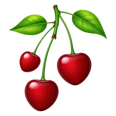 A pair of glossy red cherries with green stem and leaf sticker